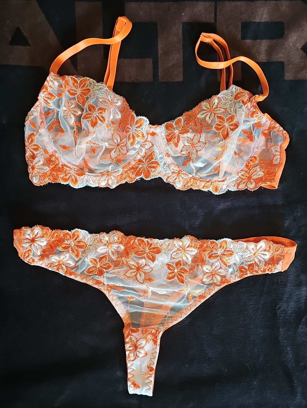 Sheer Floral Lace Bra & Thong Set - Orange